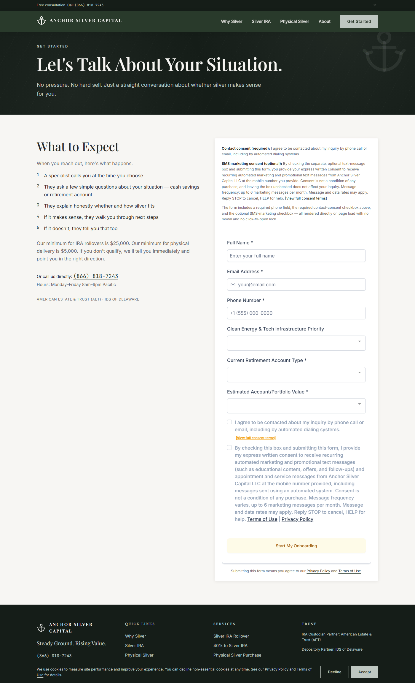 Uncropped screenshot of the live anchorsilvercapital.com/get-started contact form, showing the Anchor Silver Capital header, the required Phone Number field, the required calls-and-email consent checkbox, and the optional SMS-marketing consent checkbox — both unchecked.