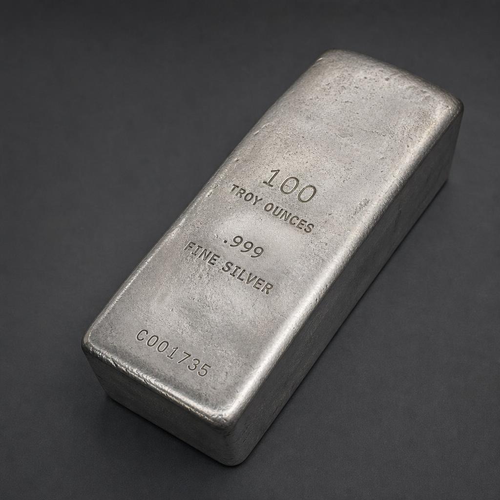 Large one hundred ounce cast silver bar on a dark background