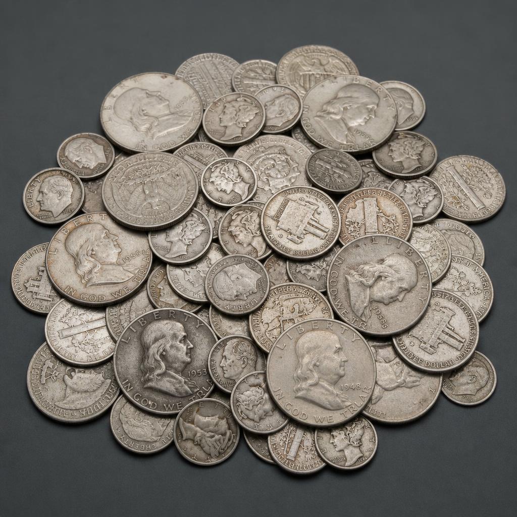 Scattered pile of worn small silver coins of mixed sizes