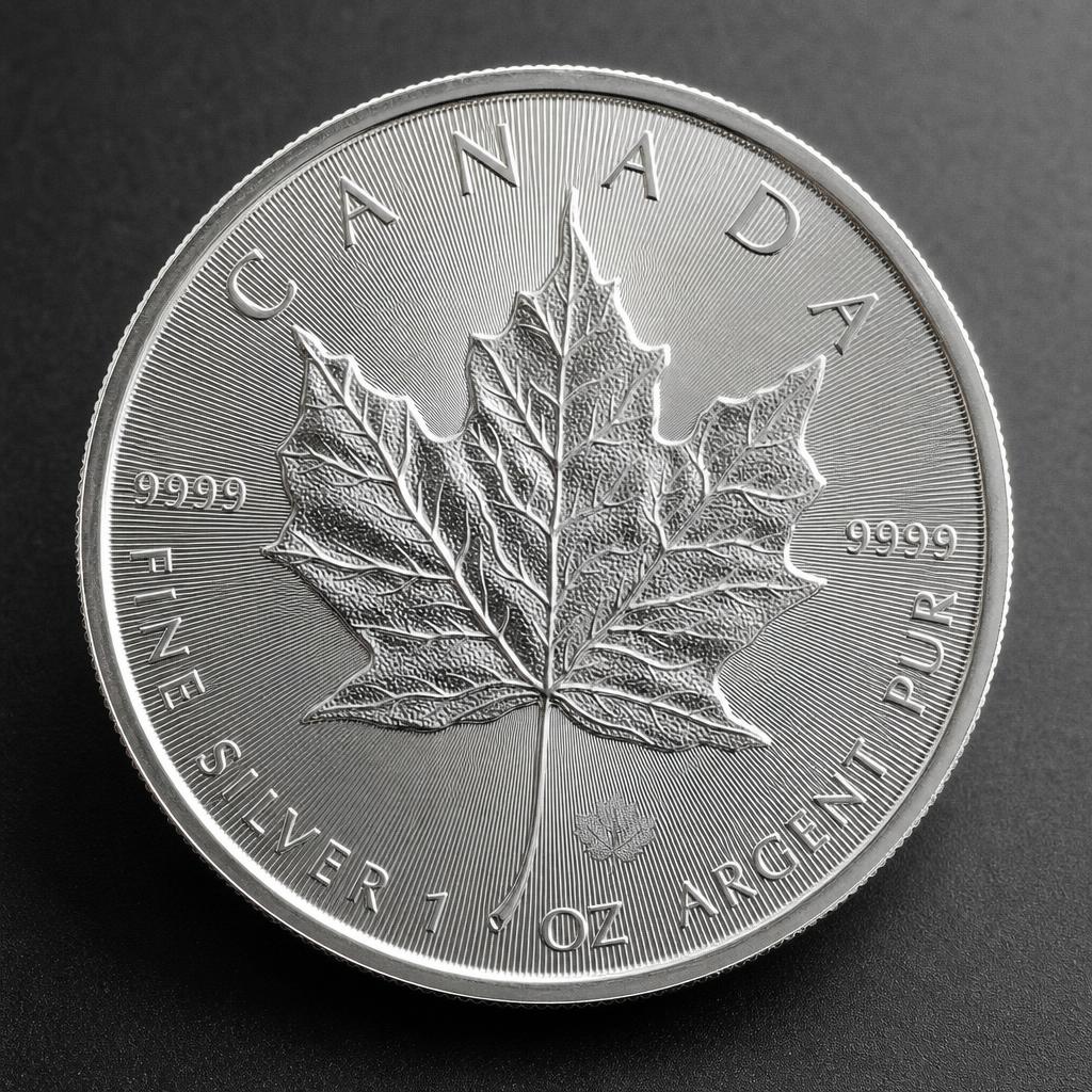 Brilliant one ounce silver coin with reeded edge on white background