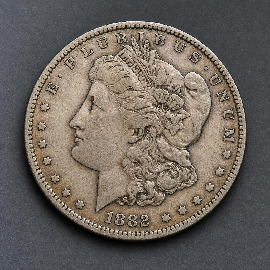 Stack of aged silver dollar coins on a dark surface