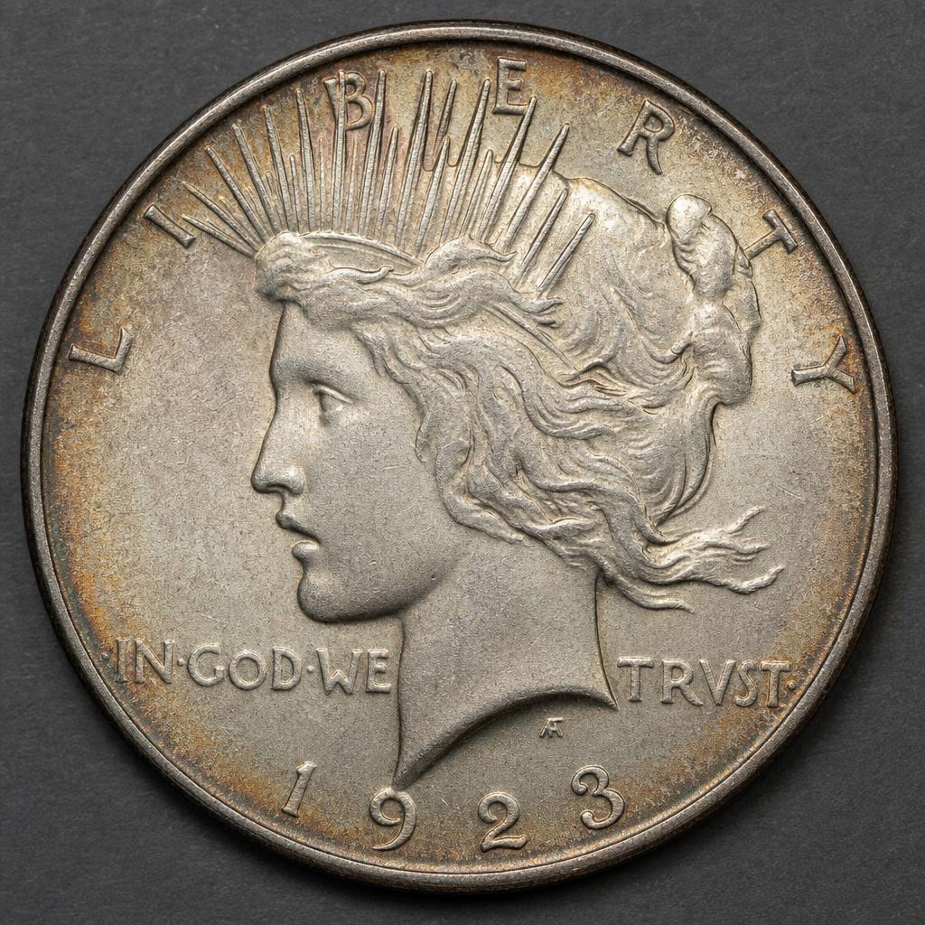 Two silver dollar coins leaning together on grey stone