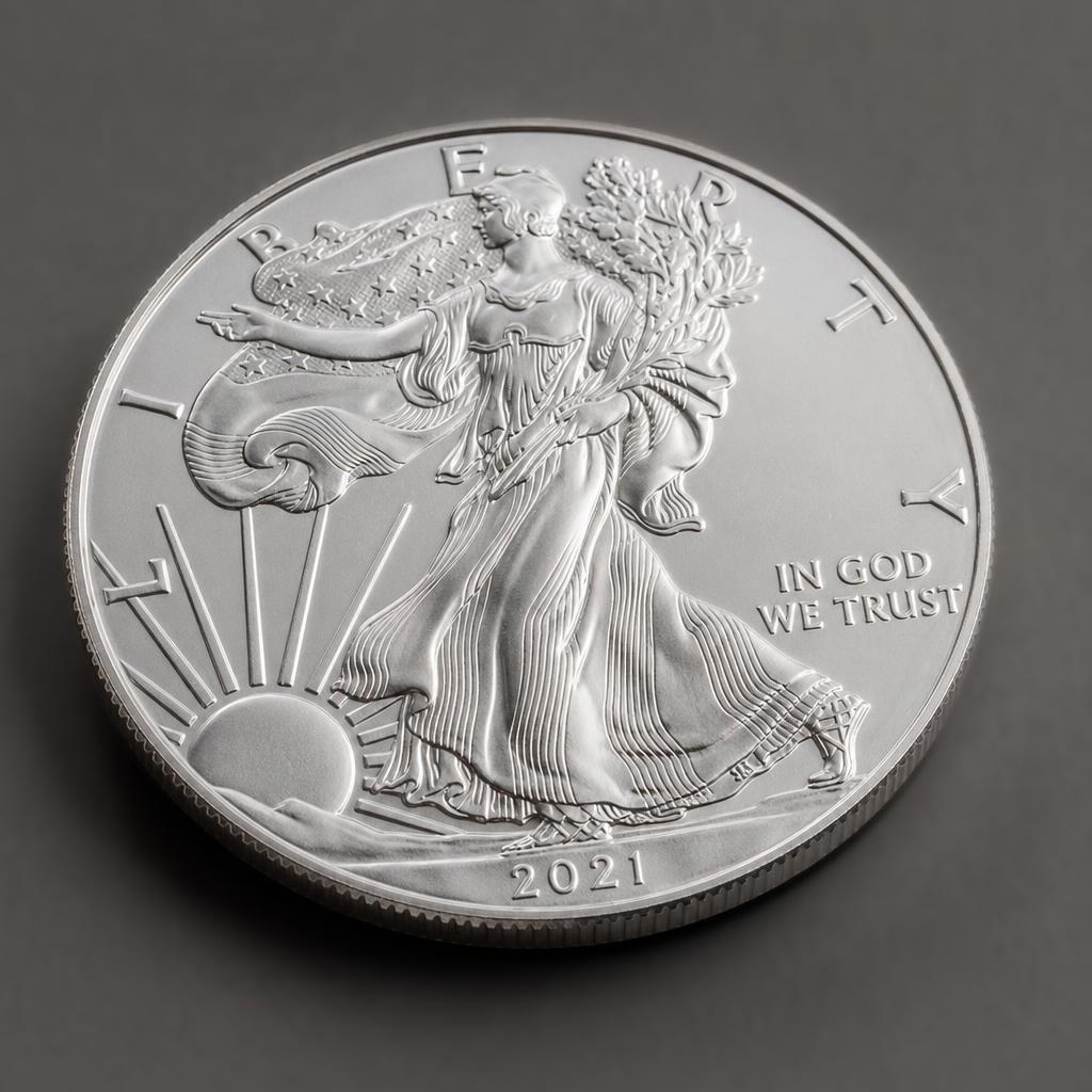 Polished one ounce silver bullion coin resting on neutral linen
