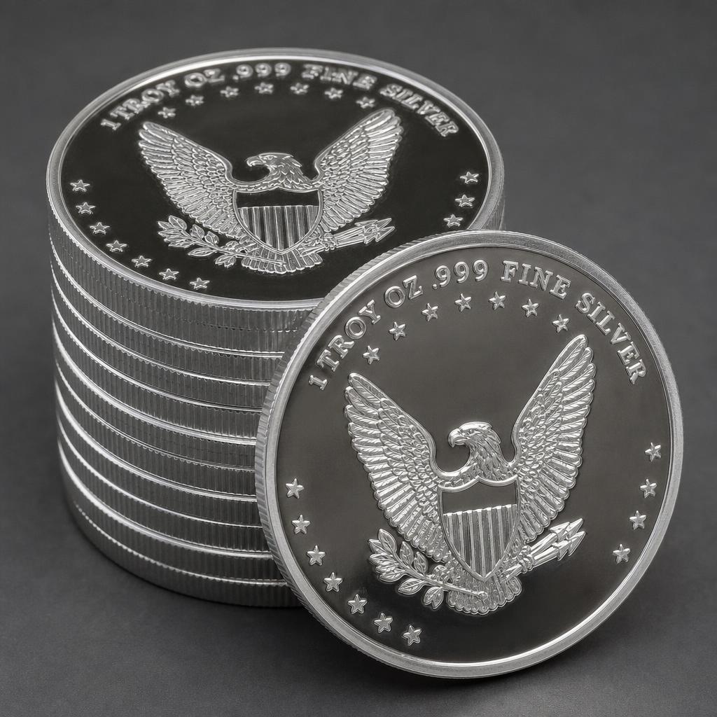 Four polished one ounce silver rounds fanned across a pale surface